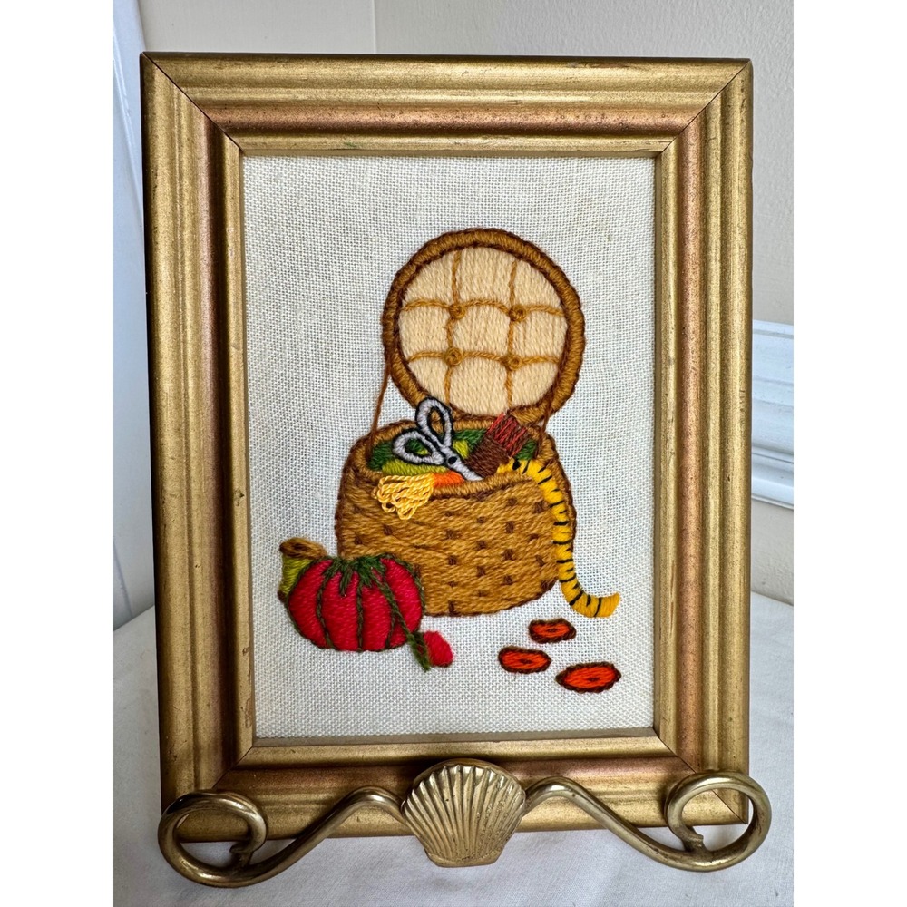Vintage Framed Crewel Embroidery‎ Art Grandmacore Sewing Room Basket Handmade